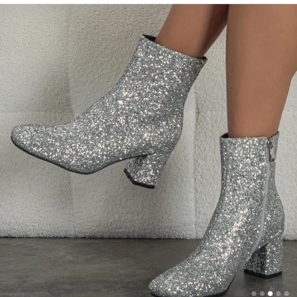 Glitter Sequins Ankle Boots, Shiny Square Toe Chunky Mid Heeled, Party Boots - Picture 2 of 2
